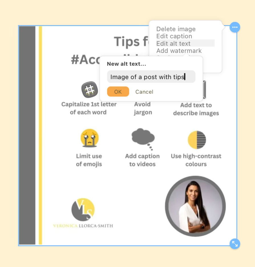 Image of a post with tips for accessibility including how to use hashtags, ALT text, avoid jargon, limit emojis, add caption and use high contrast colors. My picture at the bottom with a white jacket 