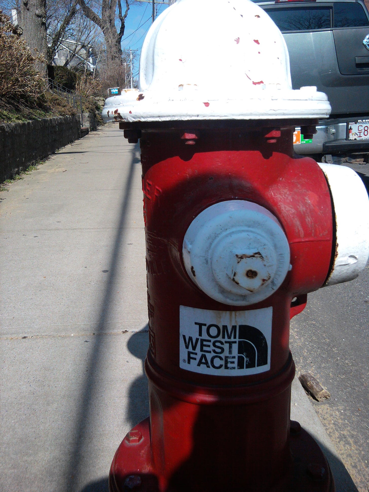 Photo of a fire hydrant with a sticker affixed to it. It looks like the North Face logo in black and white, but instead of "North Face" it says "Tom West Face"