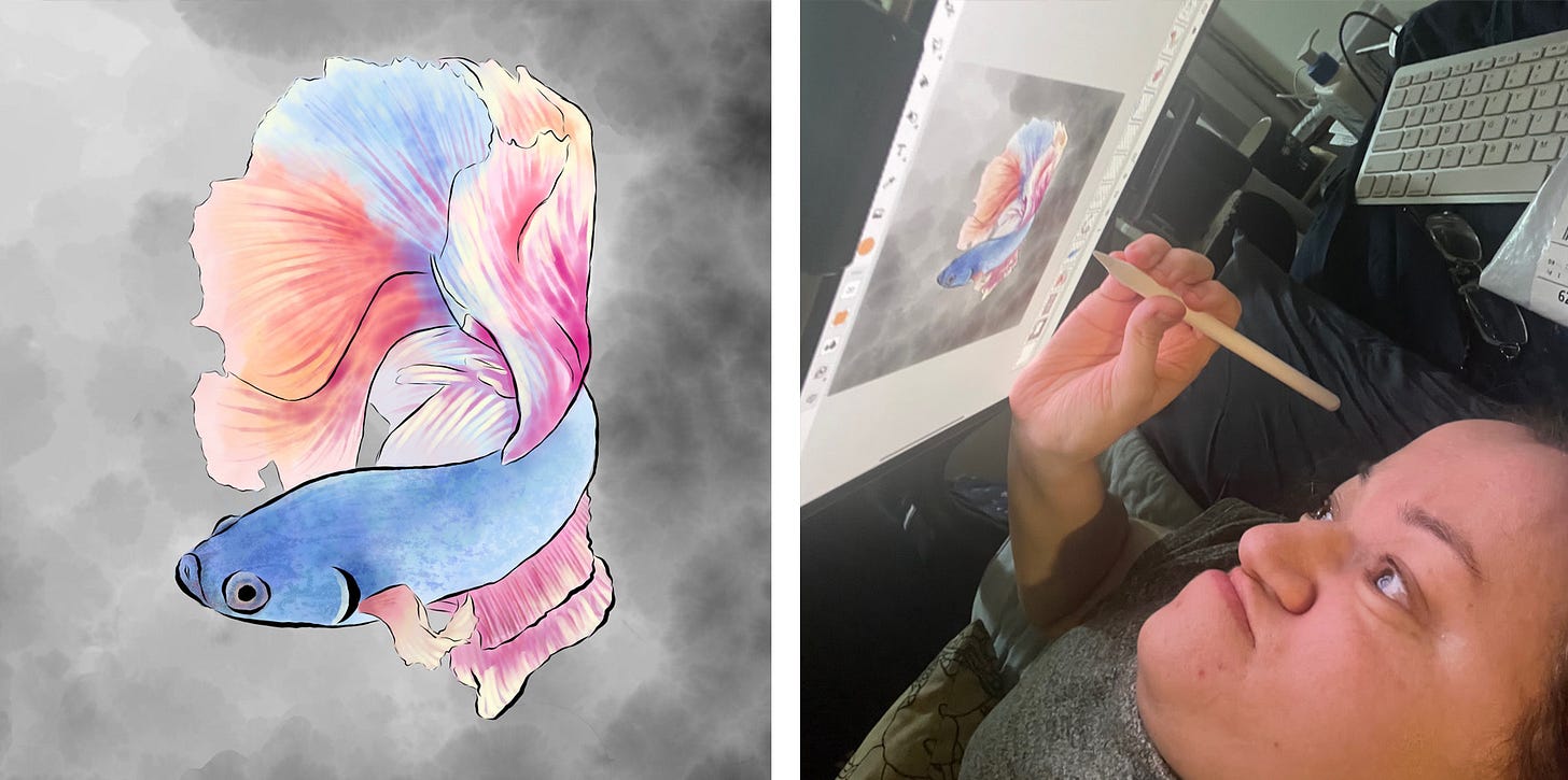 Left image: A digital painting of a blue Siamese fighting fish with fins in shades of pink, orange, yellow and light blue. Right photo: Athena lying on her back in bed working on the fish digital painting on her iPad.