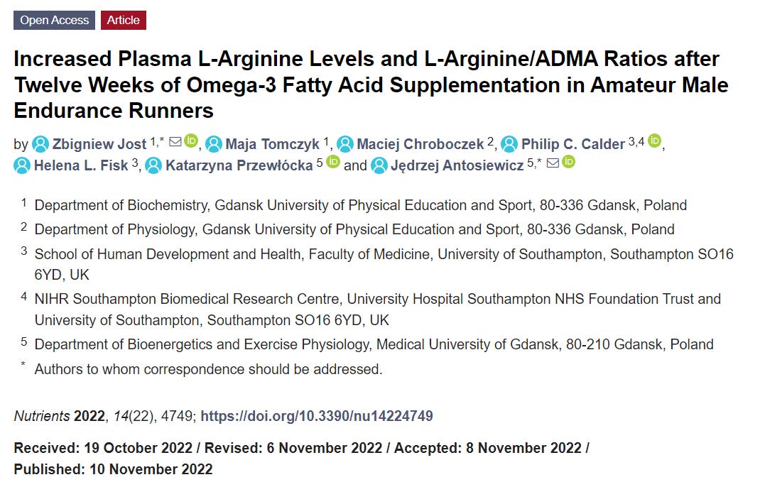 Increased Plasma L-Arginine Levels and L-Arginine/ADMA Ratios after Twelve Weeks of Omega-3 Fatty Acid Supplementation in Amateur Male Endurance Runners