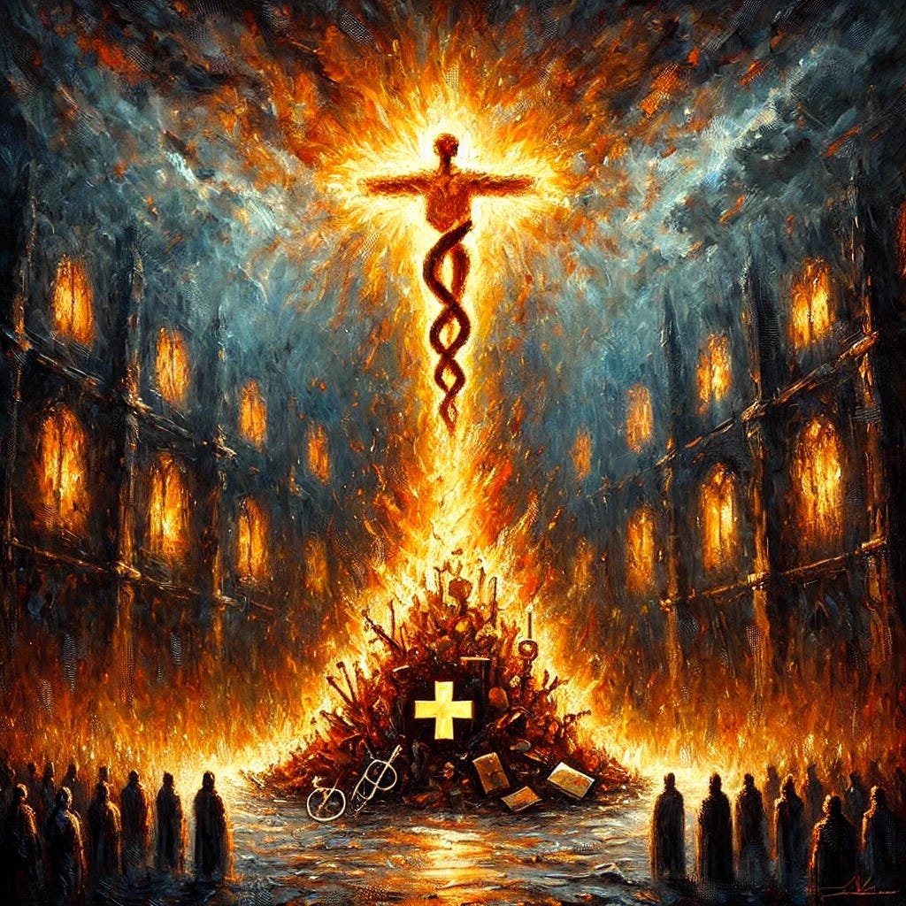 A dramatic and surreal oil painting with thick, expressive brush strokes depicting a medical heretic being symbolically burned at the stake. The scene is set in a dark, stormy environment with a towering, shadowy hospital-temple in the background, its glowing windows casting an eerie light. At the center, a blazing pyre made of broken medical instruments and books burns brightly, emitting fiery orange and red tones. A radiant, abstract figure stands within the flames, untouched and glowing with golden light, symbolizing defiance and purity. The surrounding crowd is represented as faceless silhouettes in shadow, blending into the darkened landscape. The painting is rich with bold colors and textures, creating a powerful and thought-provoking visual narrative.