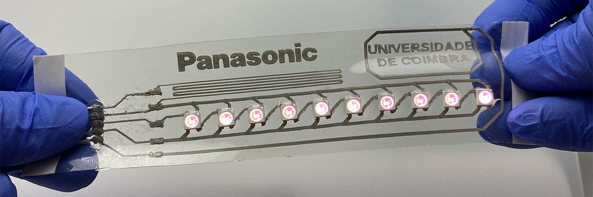 a flexible film with a strip of LEDs connected by a novel liquid metal ink circuit