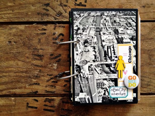 Front Cover. The front and back covers are made from 4x6 wood, which I painted black and covered with a photo/patterned paper. 