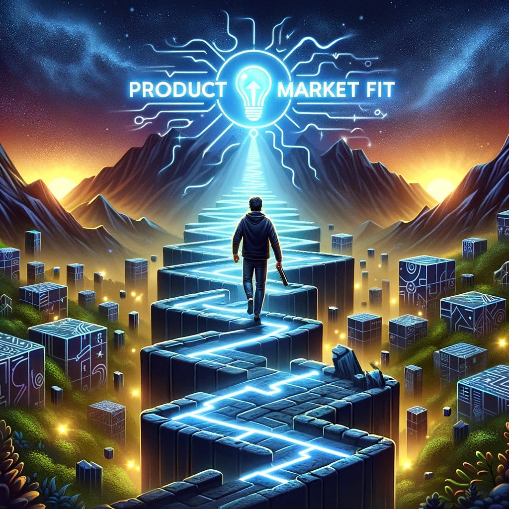 Create a cover image for a book that metaphorically represents a founder's journey towards achieving product-market fit. The image should feature a determined founder character navigating a path filled with zigzagging obstacles, symbolizing the unpredictable challenges faced in the startup world. The path leads towards a glowing, symbolic representation of 'Product Market Fit' at the horizon, signifying the founder's goal. The background should depict a tech-inspired landscape, blending elements of innovation and entrepreneurship. The founder character should appear resilient and focused, embodying the spirit of perseverance and innovation that is crucial for success in the tech industry. This image should inspire viewers with the theme of navigating through complexity towards a clear, rewarding goal.