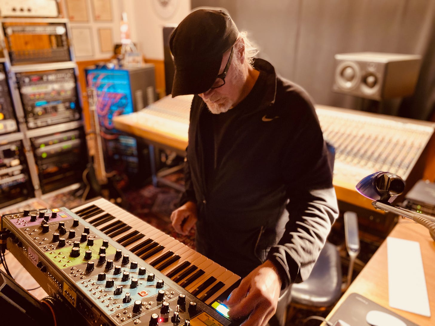 Simon Campbell playing the Moog Matriarch in the Supertone Studio, Portugal. Photo by Suzy Starlite