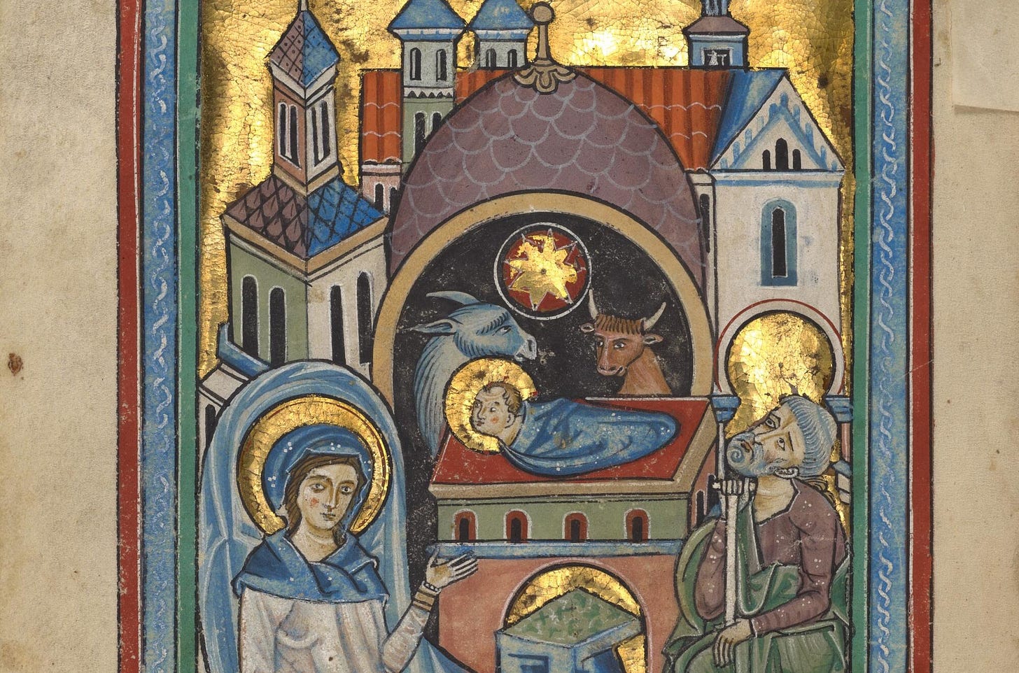 A gilt and tempera 13th century illustration of Mary, Joseph and the Christ child 