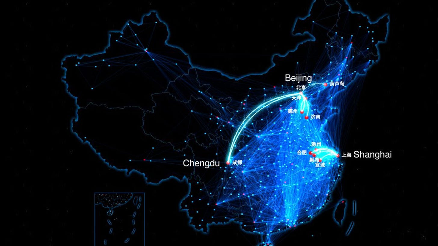  Chinese social network Baidu has developed a moving map of Chinese people as they travel home for Chinese New Year.