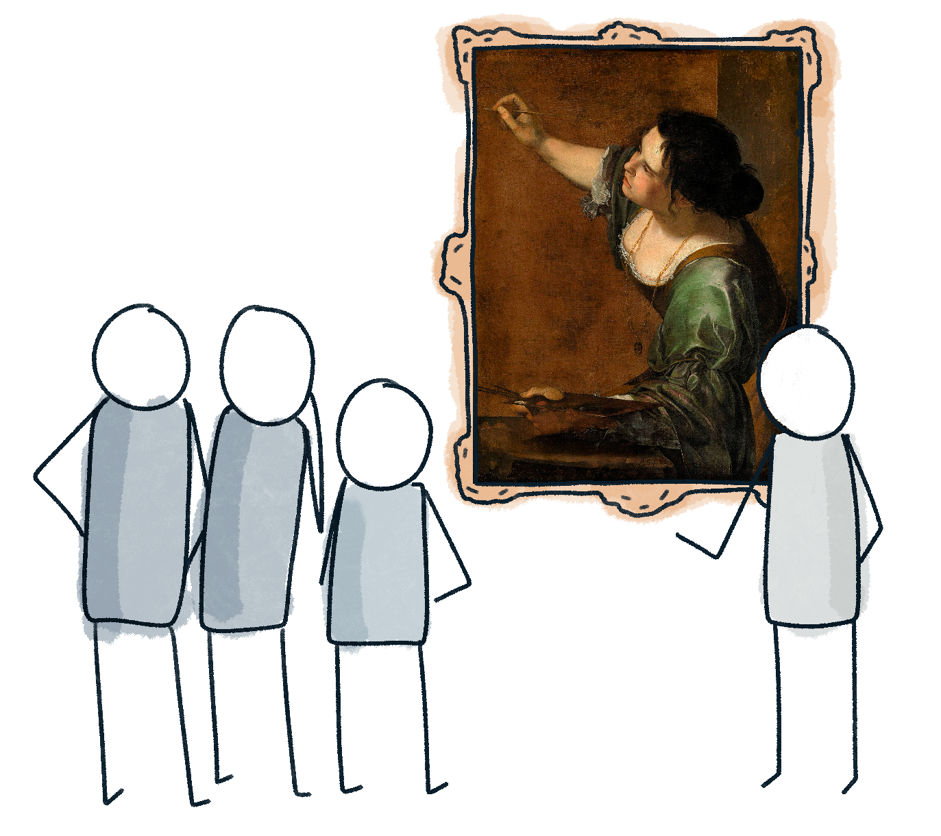 An illustration depicting four stylized, faceless figures looking at a framed painting of a woman who is painting on a canvas. The woman in the painting is actively engaged in her art, poised with her brush mid-stroke. The figures observing the painting are simplified and monochrome.