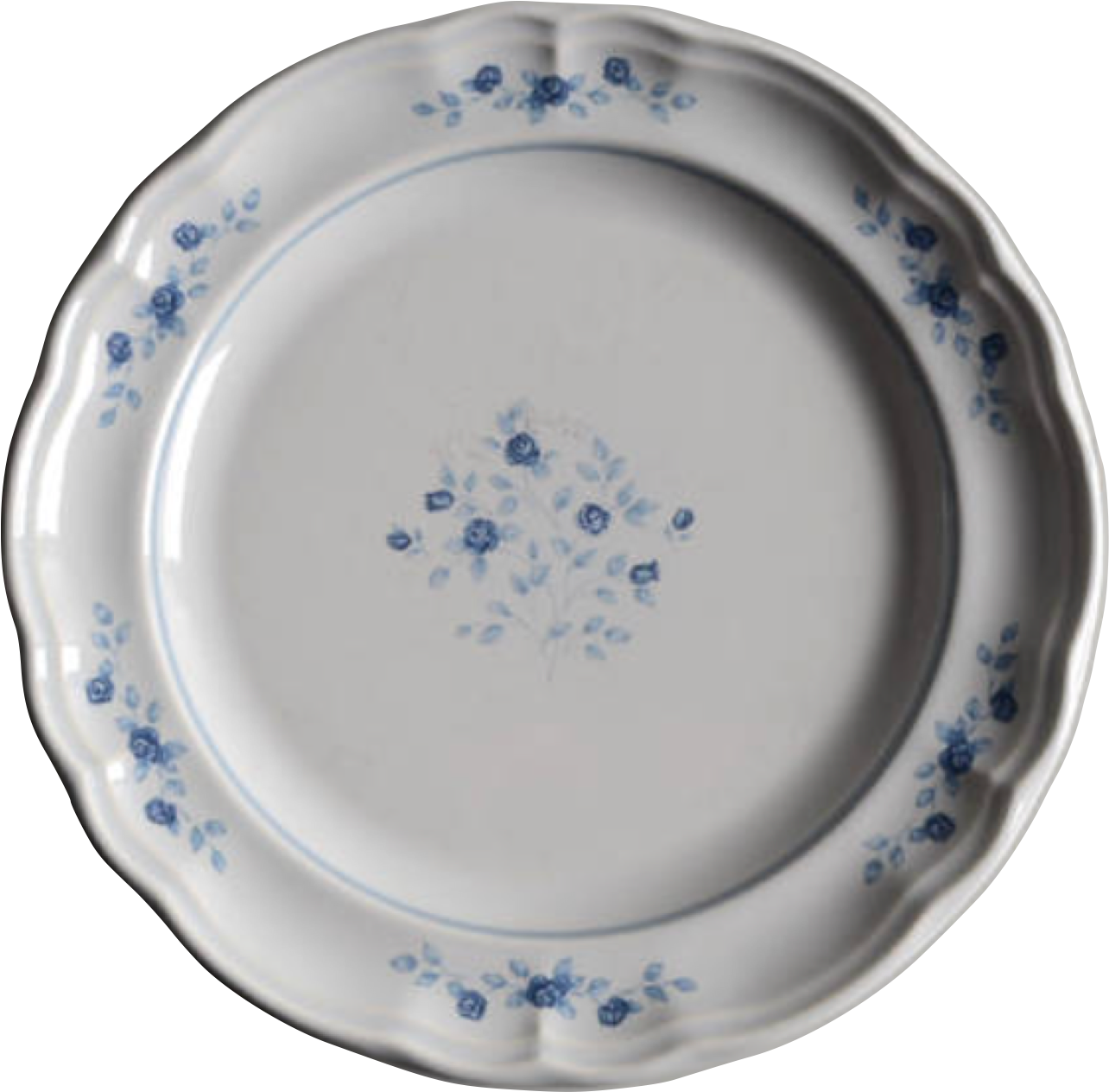 A photo of glossy Pfaltzgraff “Poetry” dish pattern with a petite blue floral design around the scalloped edges and in the center.