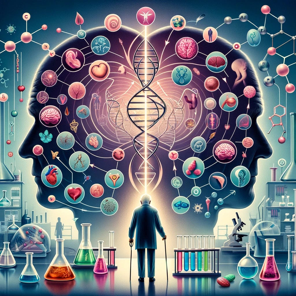 An educational illustration depicting the geroscience hypothesis. The image features a central diagram that merges two concepts: aging and disease. On one side, an elderly person's silhouette filled with symbols representing various age-related diseases like heart symbols (cardiovascular disease), brain icons (neurodegenerative diseases), and joint images (arthritis). On the other side, a vibrant, younger silhouette with symbols of healthy aging like strong muscles, a bright brain, and a healthy heart. Connecting these two silhouettes are arrows and scientific symbols, such as DNA helices, cellular structures, and molecules, indicating the biological pathways that link aging and age-related diseases. This visual connection represents the core idea of the geroscience hypothesis - that by targeting the biological processes of aging, it is possible to prevent or delay the onset of many age-related diseases. The background of the image is a laboratory setting, emphasizing the scientific basis of the hypothesis.