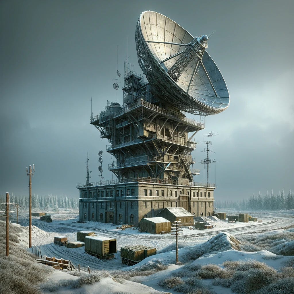 A realistic depiction of a Soviet Radar Tower for an alternate history strategy game, set in a World War II era. The tower should reflect Soviet architecture of the time, with a utilitarian, military design. It features a large radar dish facing outward, suitable for a 1940s setting, and essential communication antennae. The structure is located in a rugged, possibly snowy battlefield environment, emphasizing its function in a war scenario. The design should be practical and in line with what could be realistically expected of Soviet technology during World War II, with the radar dish oriented correctly for functionality.