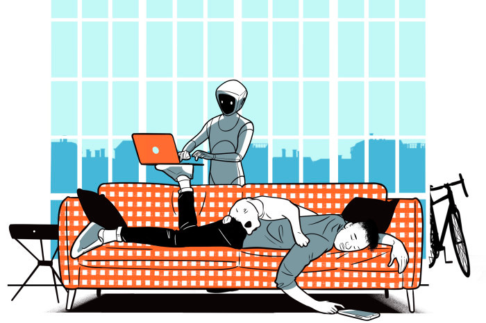 Illustration of a man asleep on a couch with his dog, while a robot works on his laptop.
