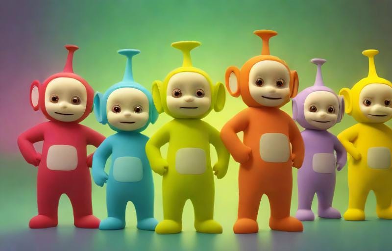 Six teletubbies staring blankly with hands on hips