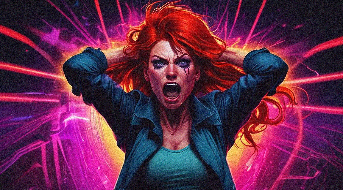 A stylised illustration in neon colours of a redheaded woman with an open mouth in anger clutching at the back of her head