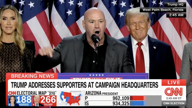 Dana White claimed Donald Trump’s victory is “karma” in a speech celebrating the 2024 election result.