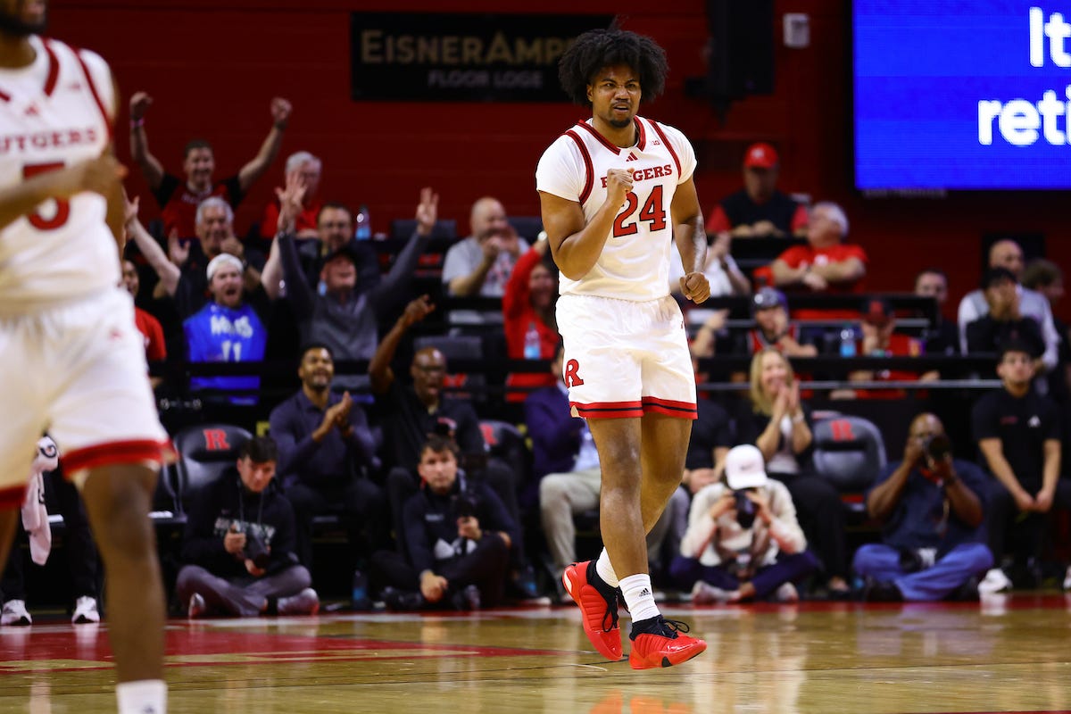 Lathan Sommerville celebrates a play during Rutgers’ 75-52 win over Wagner on Nov. 6, 2024. (Photo courtesy of Rutgers athletics)