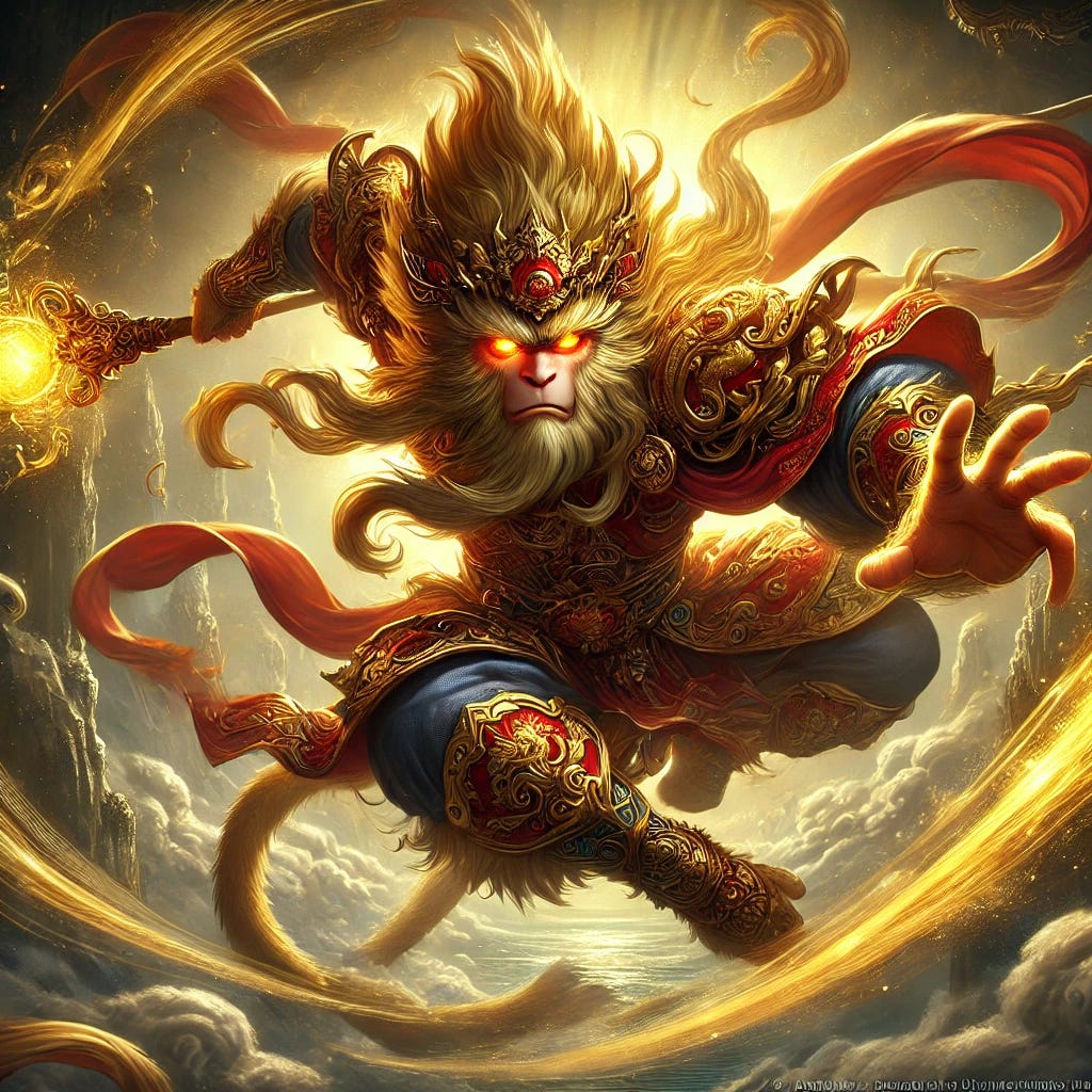 A highly detailed and dynamic digital painting of Sun Wukong, the legendary Monkey King from Chinese mythology. He is depicted in mid-air, wielding his golden staff (Ruyi Jingu Bang) with fierce determination. His golden fur glows under the sunlight, and his red and gold armor is intricately decorated with dragon motifs. His eyes burn with supernatural intensity, symbolizing his intelligence and power. The background features swirling clouds and a mystical mountainous landscape, evoking the feeling of ancient Chinese mythology. The scene is action-packed, with Wukong’s magic manifesting in golden energy swirls around him. The overall tone is epic, powerful, and cinematic.