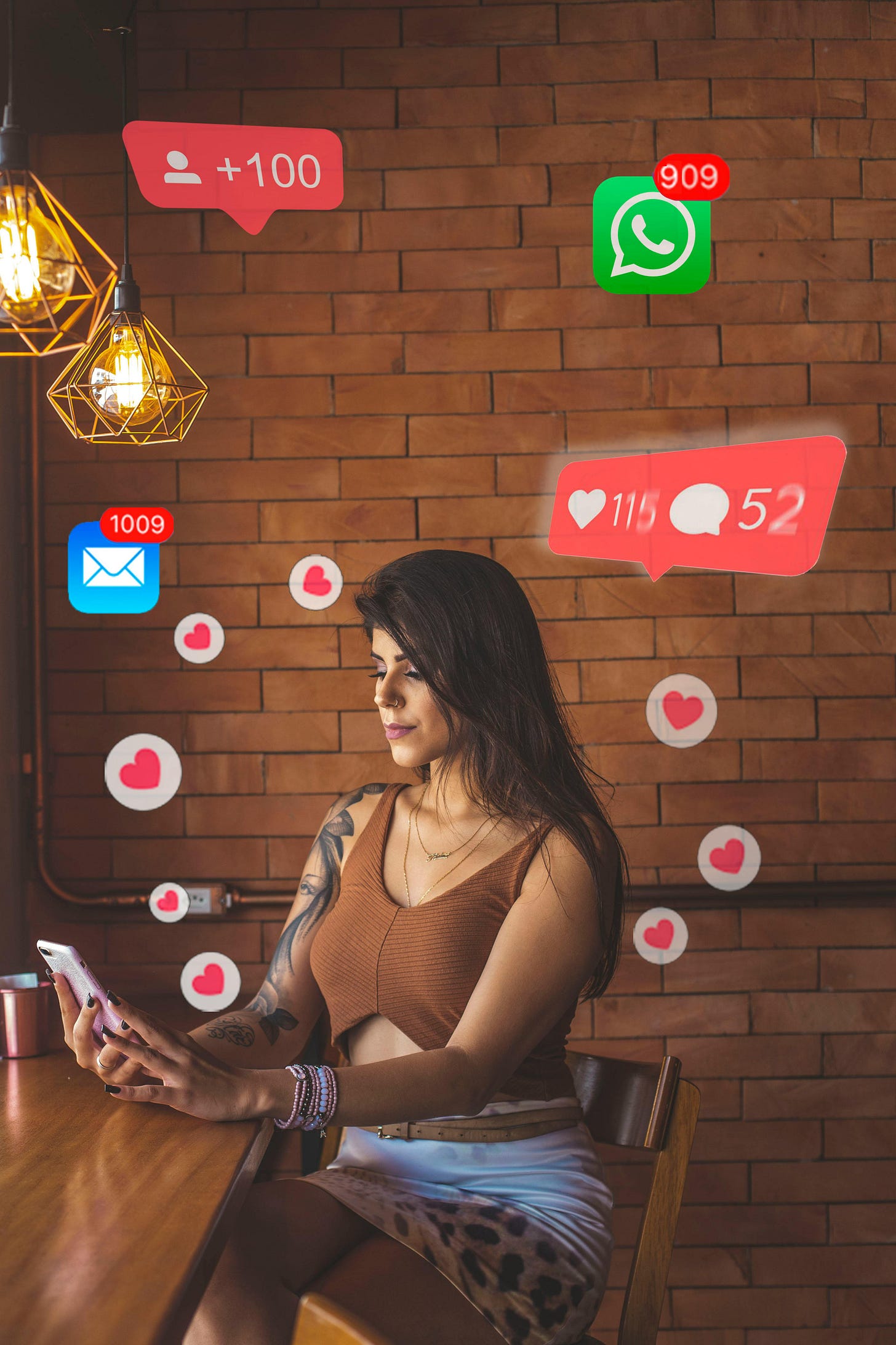 Free Woman using smartphone in cafe with social media notifications around. Stock Photo