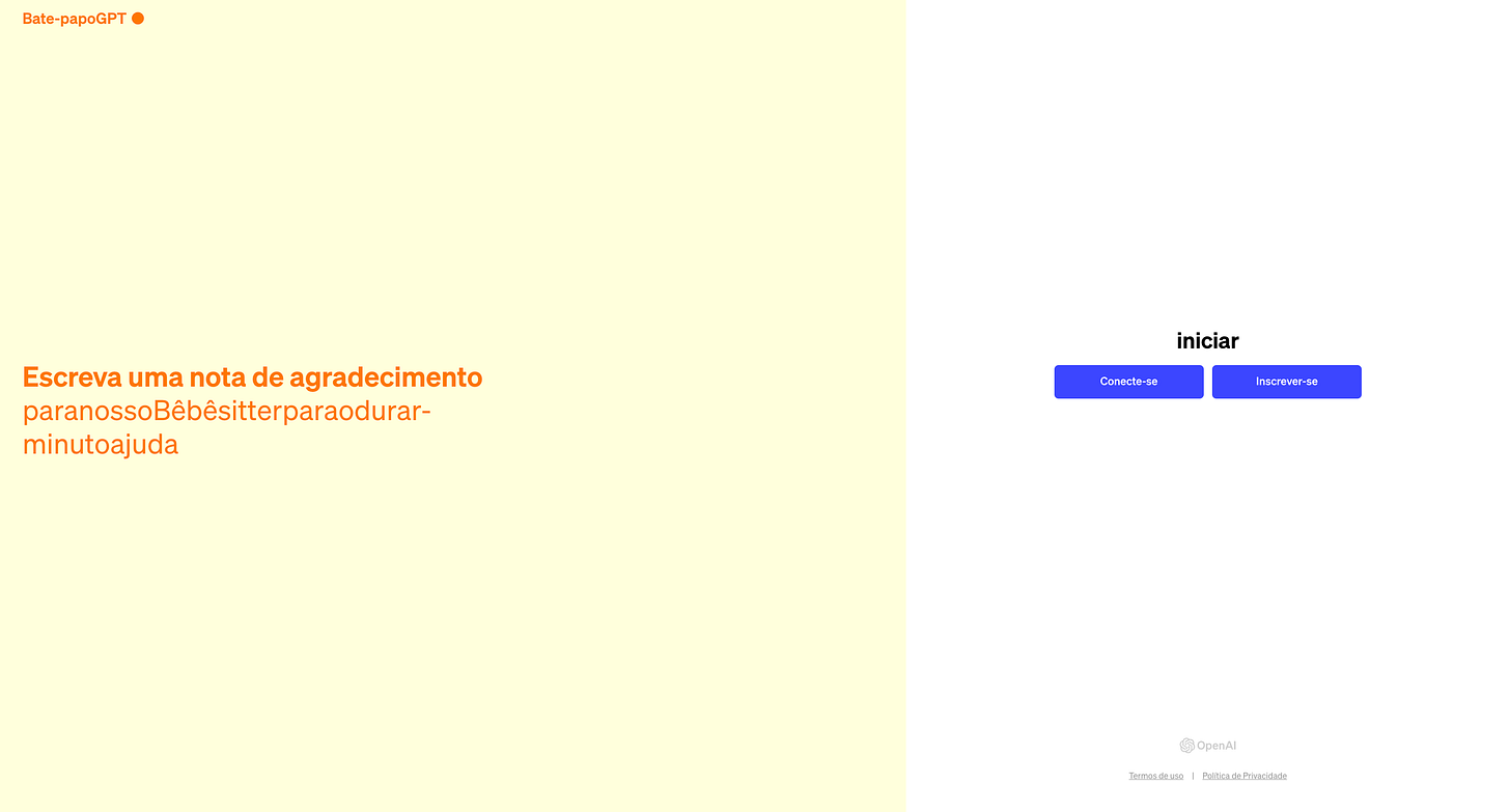 A imagem mostra uma tela de computador com um fundo amarelo claro e dois botões azuis. No centro da tela, há um texto que parece estar em uma caixa de entrada de texto ou título de uma página web, está escrito: "Escreva uma nota de agradecimento para nosso Babá sitter para o dura r-minuto ajuda". O texto contém erros de digitação e espaçamento, sugerindo que deve ser "para nosso babysitter para a duradoura ajuda". No canto inferior direito, há logotipos da OpenAI e links para os Termos de uso e Política de Privacidade.