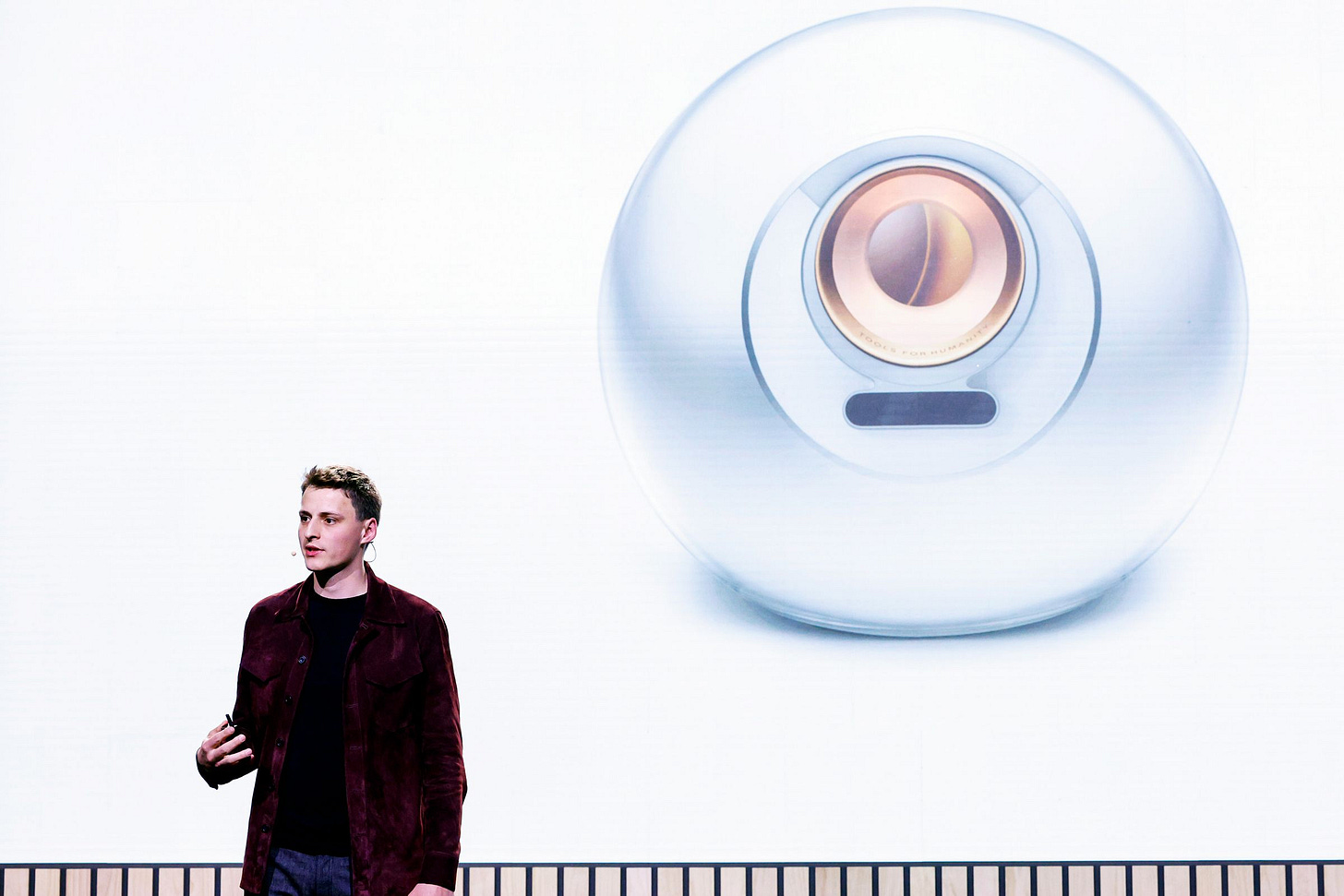 SAN FRANCISCO CALIFORNIA  APRIL 30 Alex Blania speaks onstage during Sam Altman's World Celebration for the US Launch at...