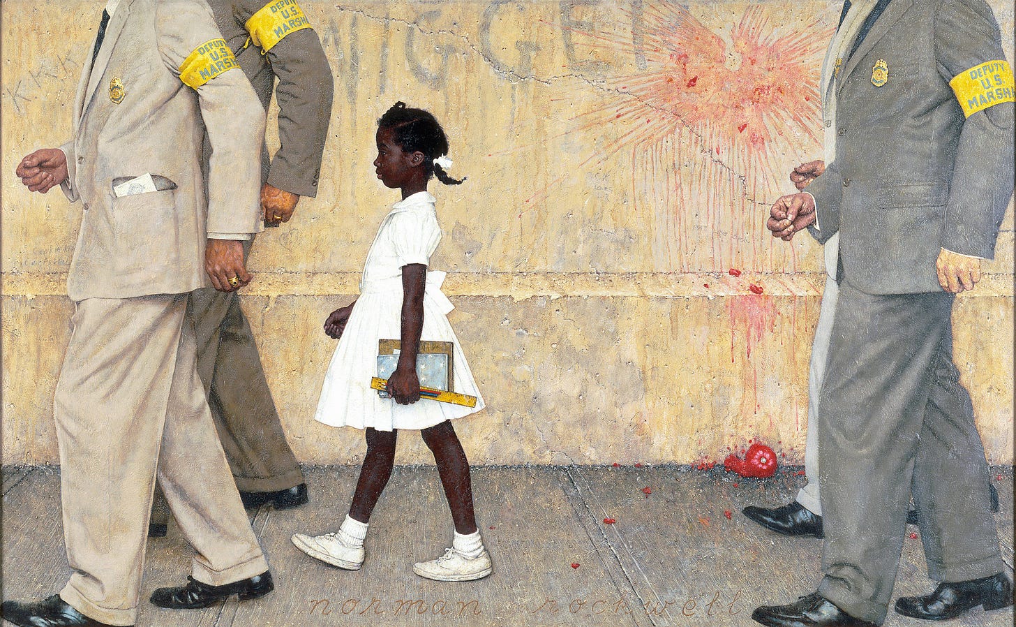 In a painting, a young Black girl is being escorted by four tall white men while they walk by a building wall. The girl wears a white dress with white shoes, white socks, and a white accessory in her hair. She carries school supplies in her hand. The men wear business suits with yellow arm bands that read “Deputy U.S. Marshal.” A racial slur has been sprayed on the wall and the splatter marks remain from a thrown tomato that rests on the pavement.