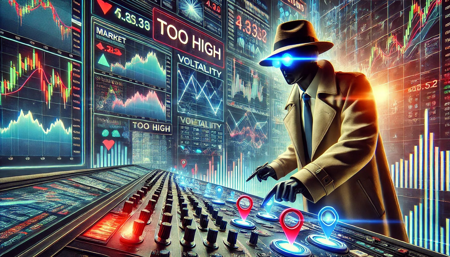 A detective-style sleuth in a modern financial setting, surrounded by glowing monitors displaying stock market data and graphs. The sleuth is adjusting knobs and dials on a futuristic control panel with laser-like focus, scanning for the most expensive options in the market. Volatility indicators and price tags are floating in the air, with some marked as 'Too High' or 'Too Low.' The atmosphere is dynamic, with a blend of sharp, analytical intensity and cutting-edge technology. The background includes hints of a trading floor, evoking the theme of market analysis.