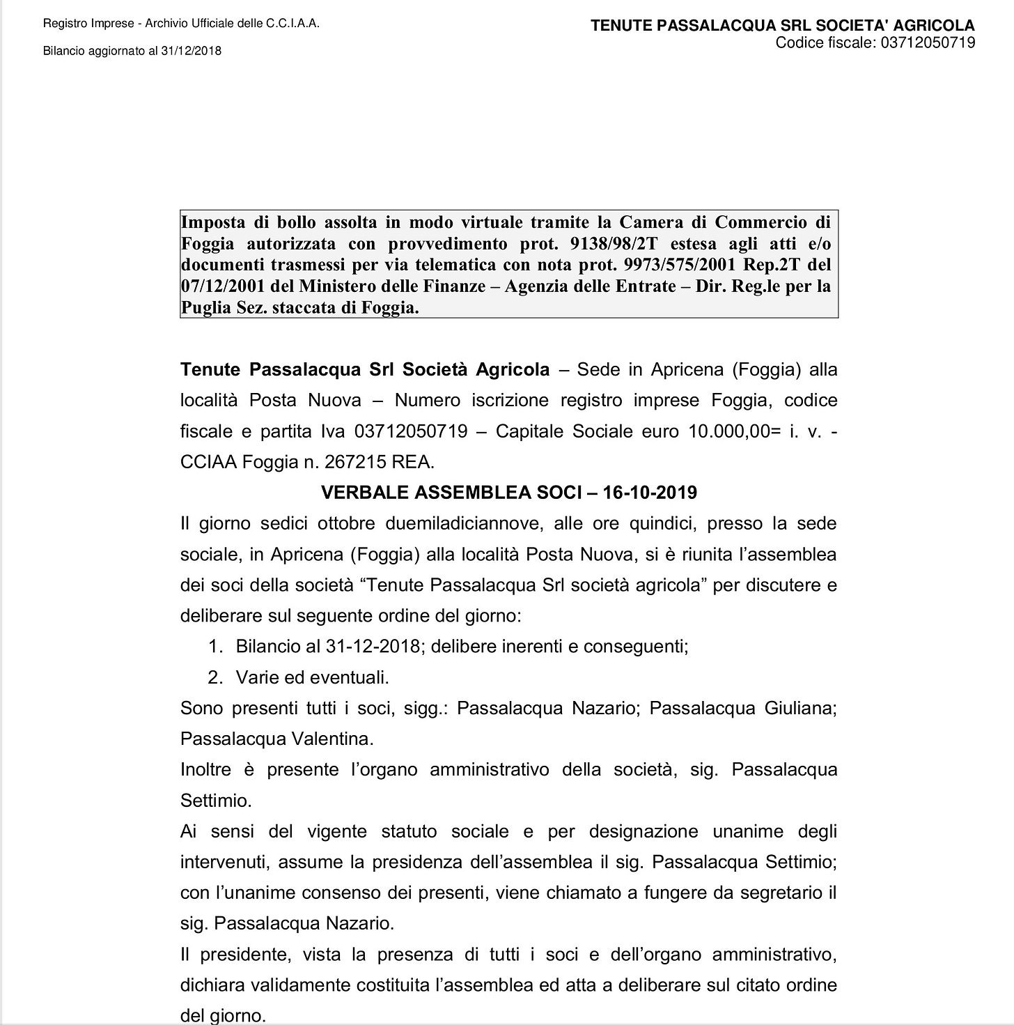 Tenute Passalacqua shareholders meeting minutes 16-10-19