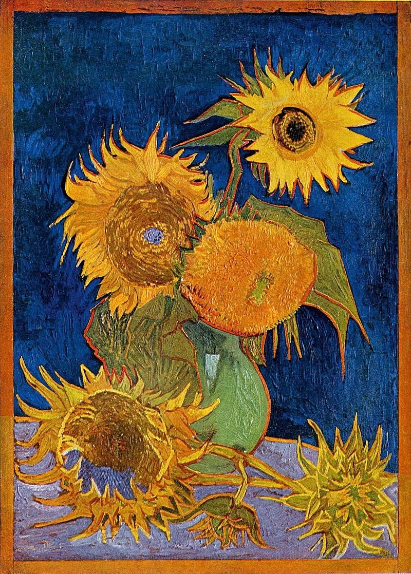 Sunflowers (F459), second version: royal-blue background Oil on canvas, 98 × 69 cm Formerly private collection, Ashiya, Japan, destroyed by US air raid of World War II on 6 August 1945[12]