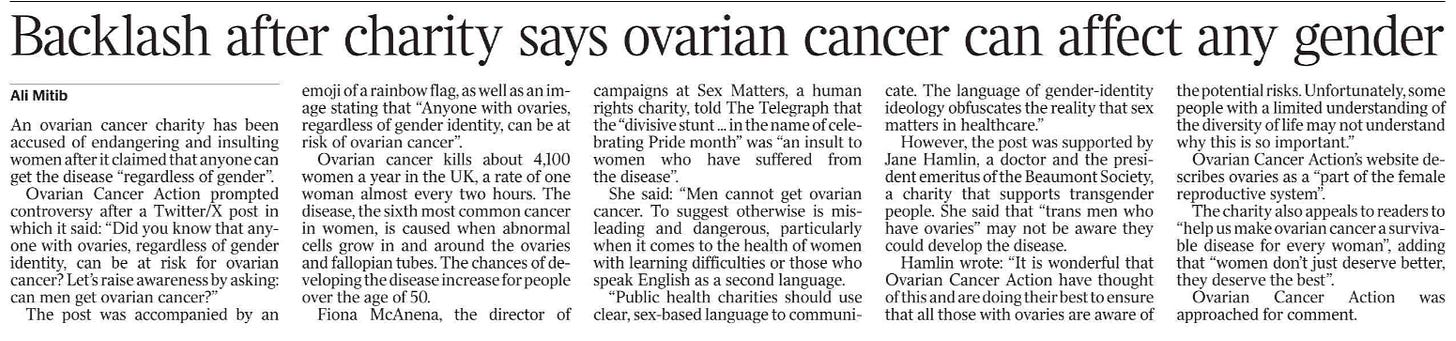 Backlash after charity says ovarian cancer can affect any gender Ali Mitib An ovarian cancer charity has been accused of endangering and insulting women after it claimed that anyone can get the disease “regardless of gender”.  Ovarian Cancer Action prompted controversy after a Twitter/X post in which it said: “Did you know that anyone with ovaries, regardless of gender identity, can be at risk for ovarian cancer? Let’s raise awareness by asking: can men get ovarian cancer?”  The post was accompanied by an emoji of a rainbow flag, as well as an image stating that “Anyone with ovaries, regardless of gender identity, can be at risk of ovarian cancer”.  Ovarian cancer kills about 4,100 women a year in the UK, a rate of one woman almost every two hours. The disease, the sixth most common cancer in women, is caused when abnormal cells grow in and around the ovaries and fallopian tubes. The chances of developing the disease increase for people over the age of 50.  Fiona McAnena, the director of campaigns at Sex Matters, a human rights charity, told The Telegraph that the “divisive stunt ... in the name of celebrating Pride month” was “an insult to women who have suffered from the disease”.  She said: “Men cannot get ovarian cancer. To suggest otherwise is misleading and dangerous, particularly when it comes to the health of women with learning difficulties or those who speak English as a second language.  “Public health charities should use clear, sex-based language to communicate.  The language of gender-identity ideology obfuscates the reality that sex matters in healthcare.”  However, the post was supported by Jane Hamlin, a doctor and the president emeritus of the Beaumont Society, a charity that supports transgender people. She said that “trans men who have ovaries” may not be aware they could develop the disease.  Hamlin wrote: “It is wonderful that Ovarian Cancer Action have thought of this and are doing their best to ensure that all those with ovaries are aware of the potential risks. Unfortunately, some people with a limited understanding of the diversity of life may not understand why this is so important.”  Ovarian Cancer Action’s website describes ovaries as a “part of the female reproductive system”.  The charity also appeals to readers to “help us make ovarian cancer a survivable disease for every woman”, adding that “women don’t just deserve better, they deserve the best”.  Ovarian Cancer Action was approached for comment.