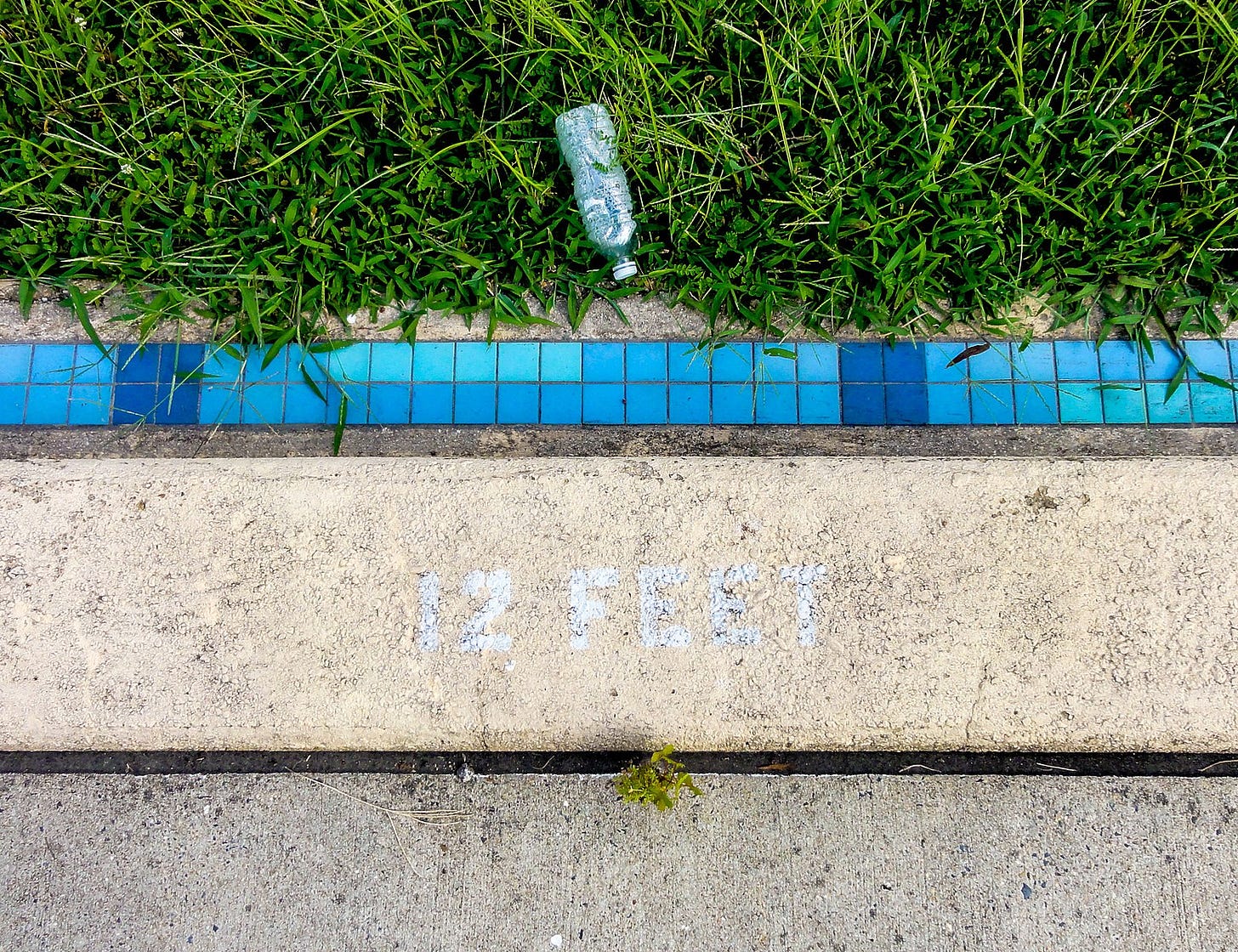 This photograph shows the blue-tiled swimming pool edge of Druid Hill Pool No. 2, preserved as part of the memorial at the site.