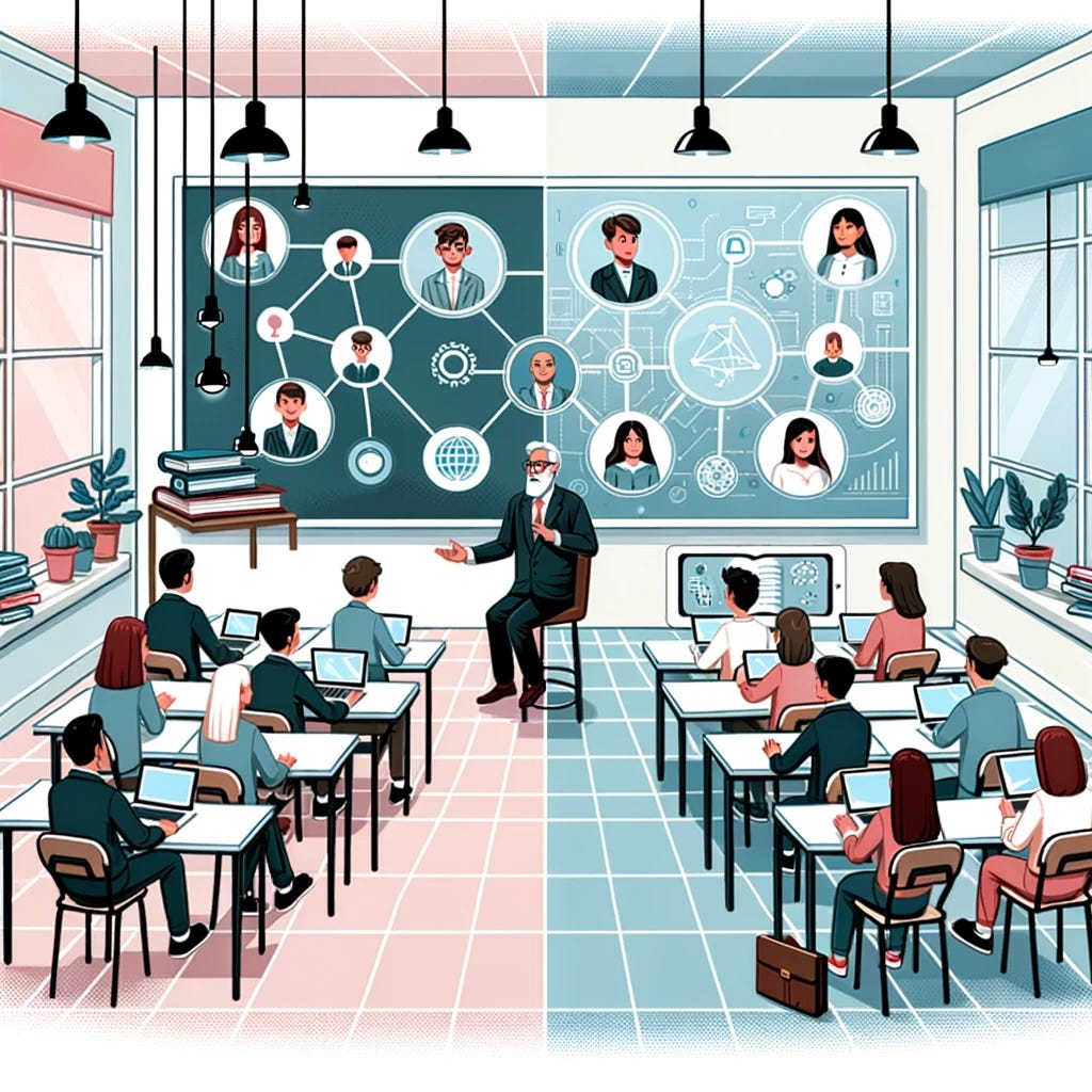 Illustration of a split scene: one side depicts a physical classroom with a professor and students engaged in discussion; the other side displays students connected virtually, interacting through advanced digital platforms.