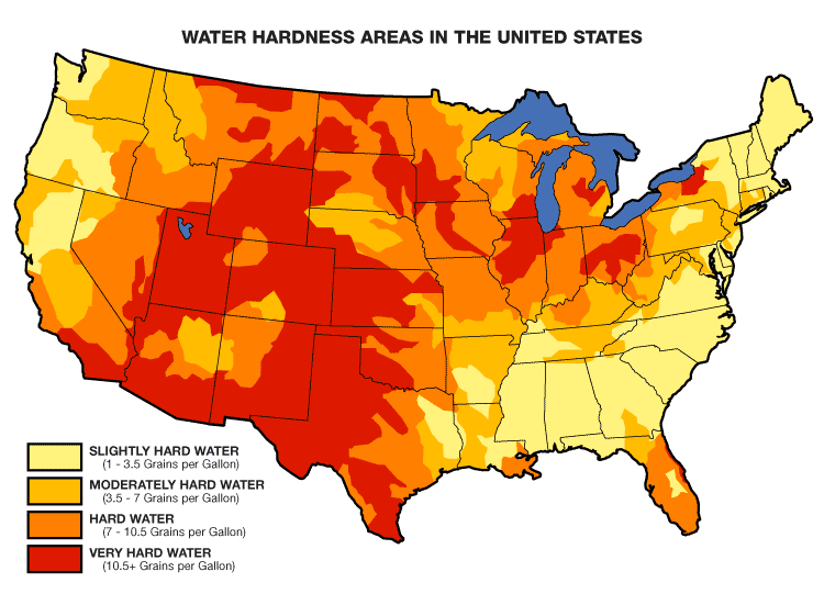 A map of water hardness around the US