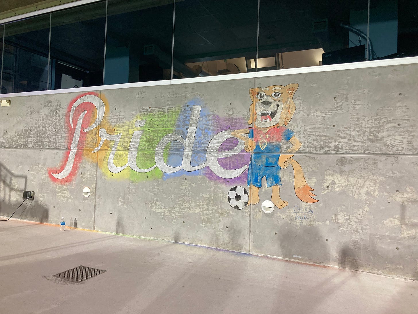 Pride in rainbow colored chalk along with a drawing of Roary, the North Carolina Courage mascot, with a soccer ball