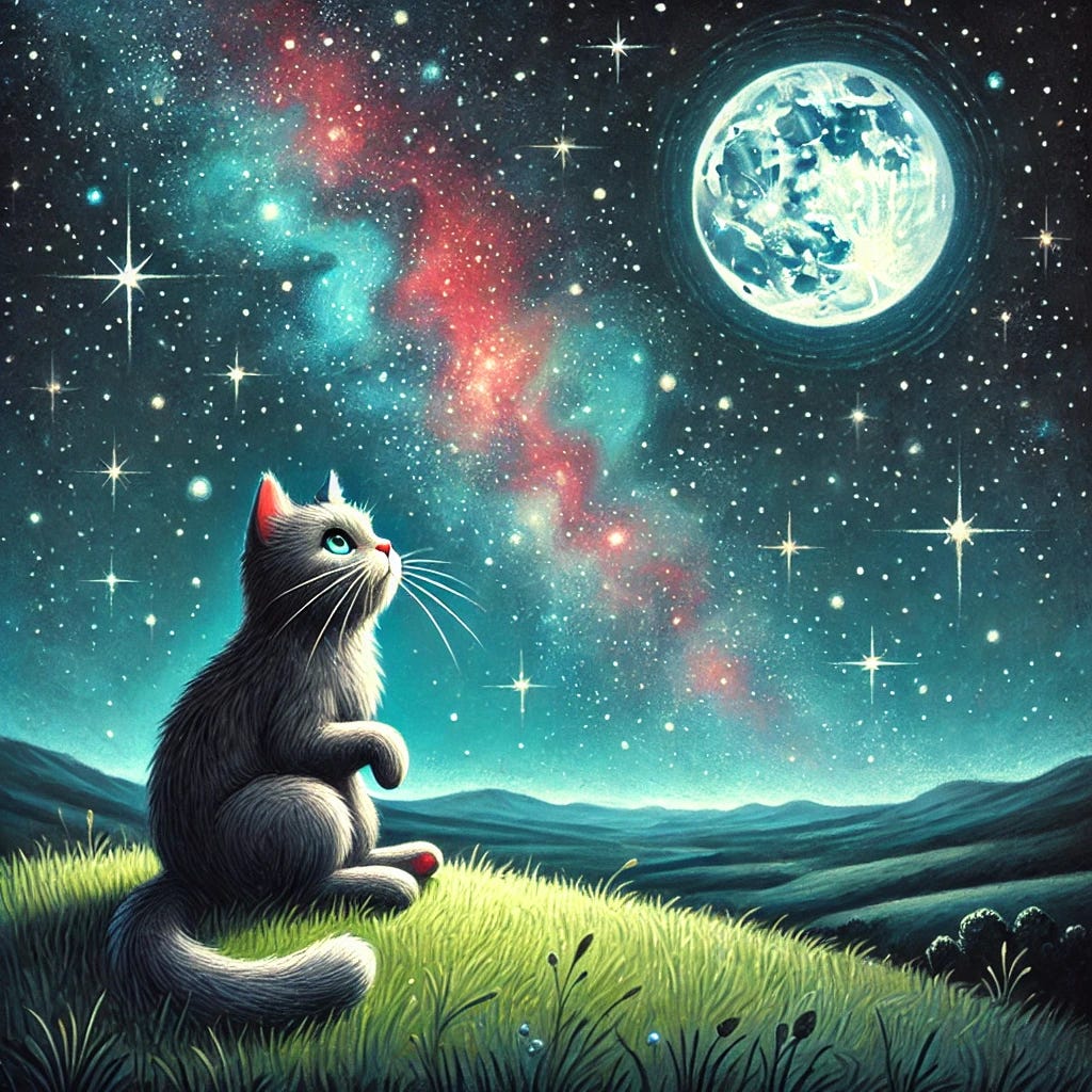 A whimsical scene of a cat sitting on a grassy hill at night, gazing up at the vast starry sky. The cat looks thoughtful, with its tail curled around its paws, as if pondering the mysteries of the universe. The stars are bright and numerous, with a faint, colorful nebula swirling in the distance. A large, glowing full moon hangs in the sky, casting a soft light on the cat and the landscape. The scene feels peaceful and contemplative, with a sense of cosmic wonder.