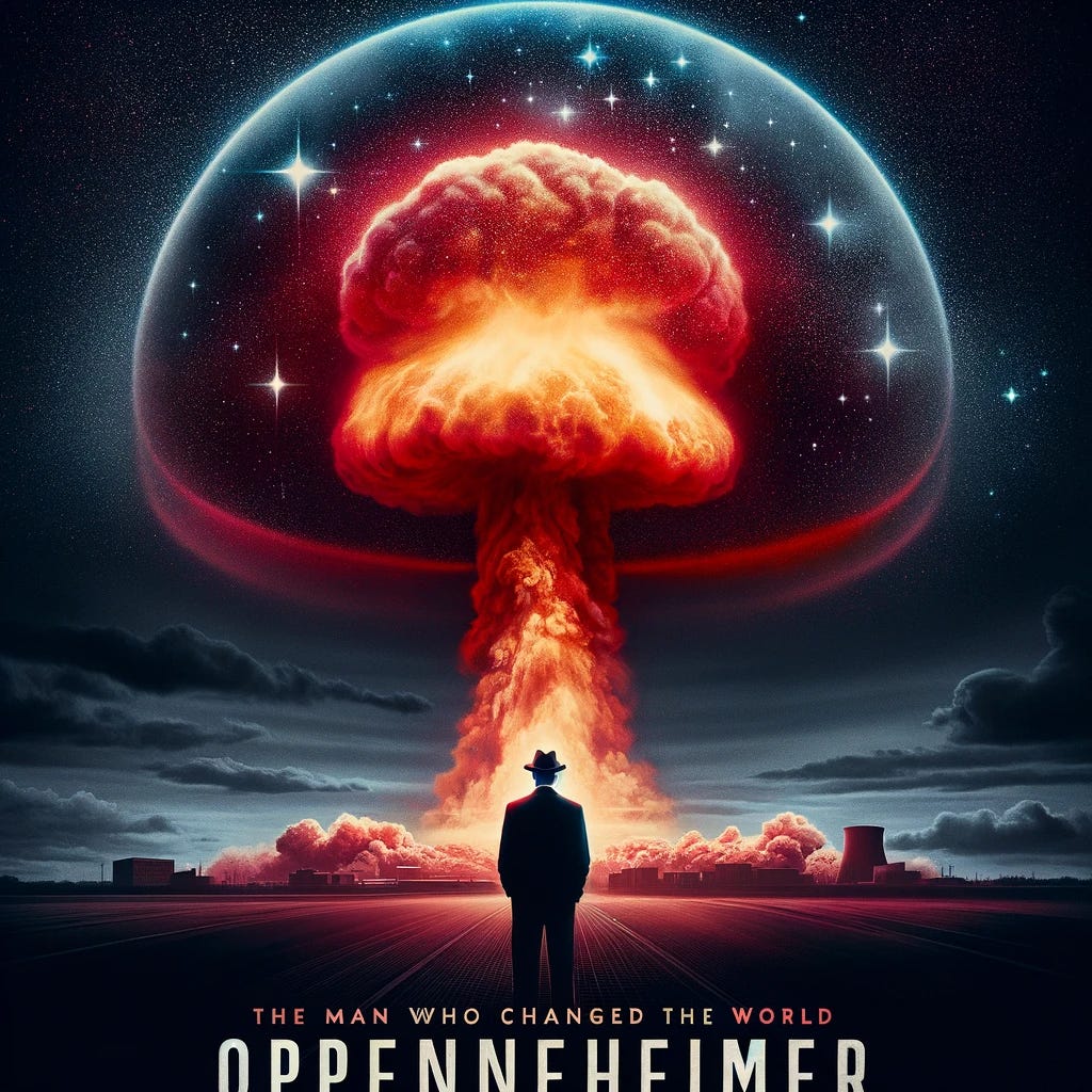 Design a captivating movie poster for 'Oppenheimer'. The poster should feature a silhouette of a man against a backdrop of a mushroom cloud from a nuclear explosion. The silhouette should be filled with a starry night sky, symbolizing the man's deep connection to the universe and the monumental impact of his actions. Include dramatic, contrasting colors to highlight the intensity of the event, with the mushroom cloud being a vivid and ominous red against a dark, almost black sky. The title 'Oppenheimer' should be prominently displayed at the bottom in bold, impactful letters, with a tagline 'The man who changed the world' just below it in a smaller font. The overall tone of the poster should be mysterious, awe-inspiring, and slightly ominous, reflecting the dual nature of scientific discovery and its consequences.