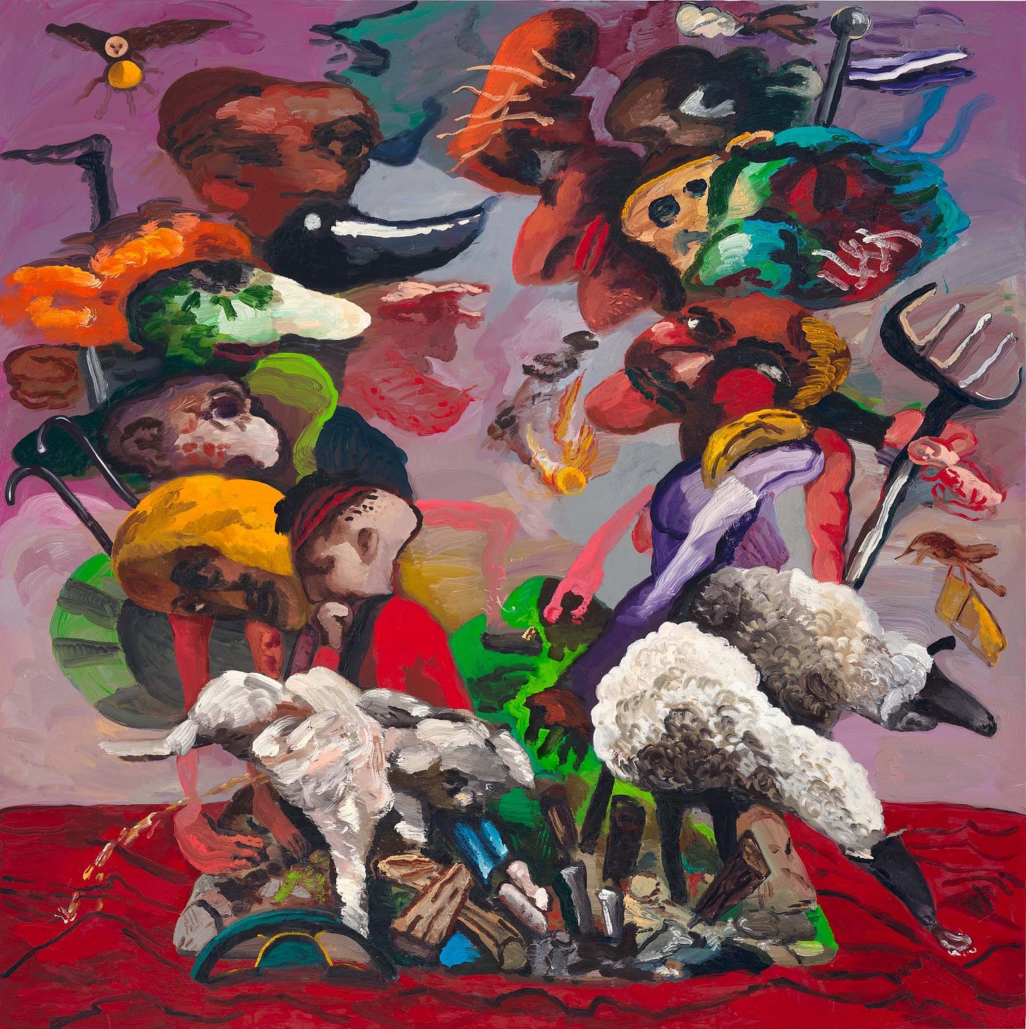 A vividly-colored, expressionistic painting showing a number of looming figures crowded on to a tiny island in a deep red sea. The figures have large, often oddly-shaped heads and some are holding canes or pitchforks and are separated into two groupings. At their feet are a pissing dog and a pair of sheep. One sheep is sticking out a tongue to taste the water. Flying birds carry indistinguishable objects.