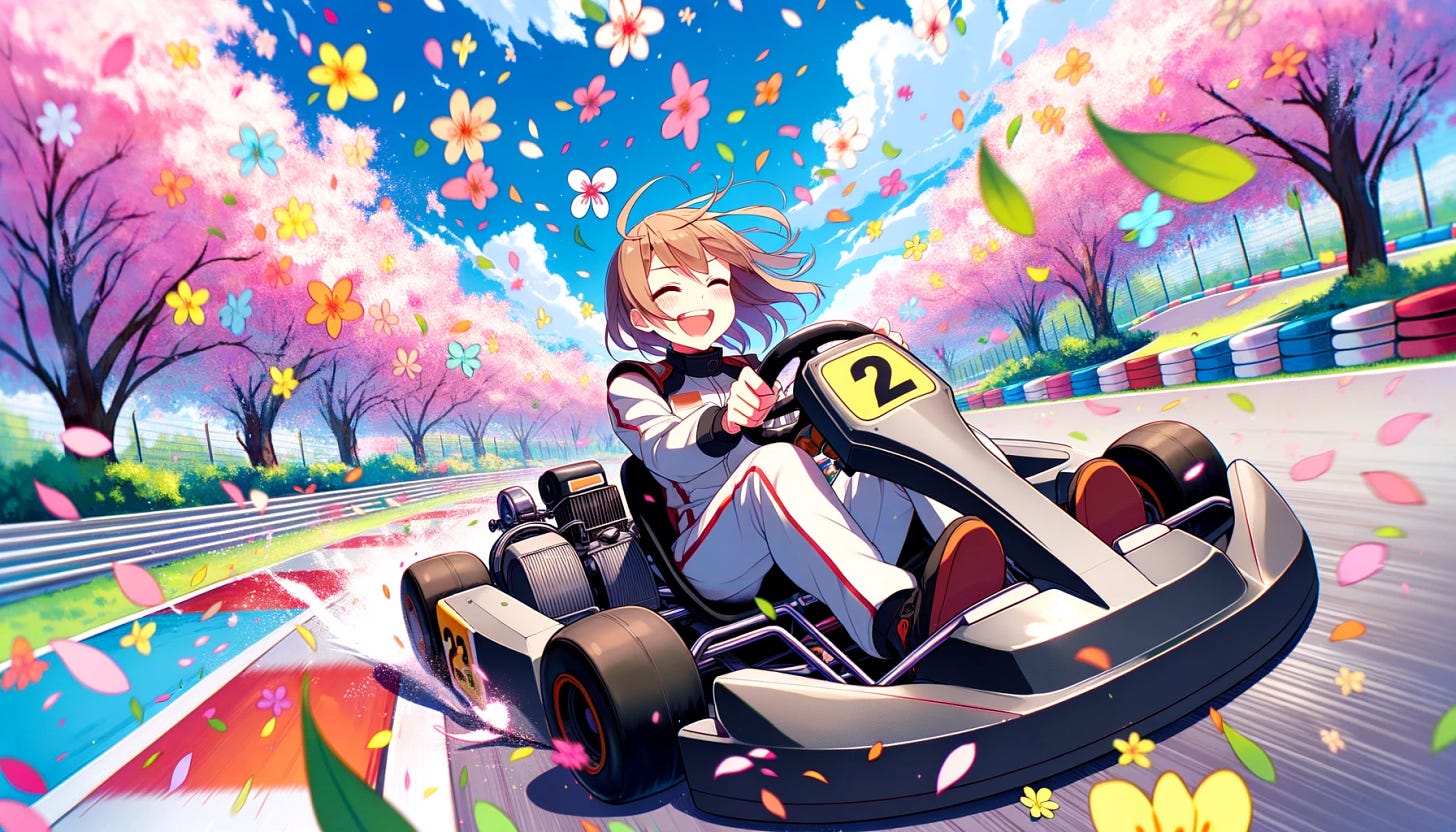 Anime style illustration of a kart driver on a vibrant spring day. The driver exudes joy and freedom as they slide the kart wildly amidst a flurry of colorful flowers flying in the air. The sky is clear and blue, and the racetrack is surrounded by blossoming trees, with petals dancing in the wind, creating a picturesque backdrop.