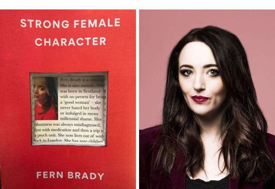 A copy of Strong Female Character and an image of author Fern Brady, a white woman with dark hair and red lipstick
