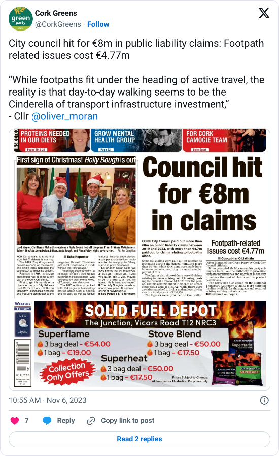 Tweet with the text: "City council hit for €8m in public liability claims: Footpath related issues cost €4.77m. 'While footpaths fit under the heading of active travel, the reality is that day-to-day walking seems to be the Cinderella of transport infrastructure investment,' - Cllr @oliver_moran."