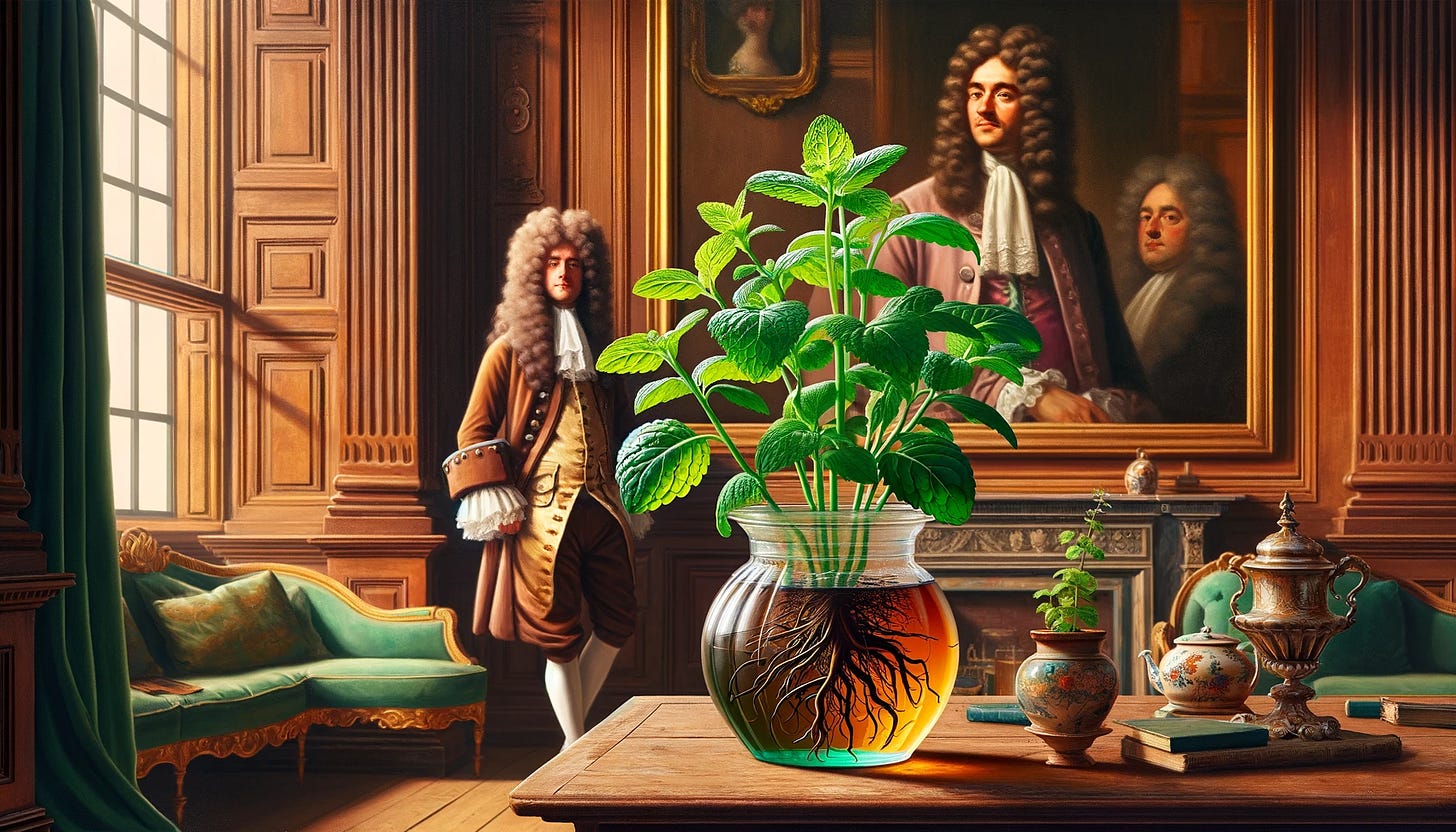 17th-century British aristocratic room with a figure resembling a historical character in the background and a vibrant hydroponic plant in the foreground