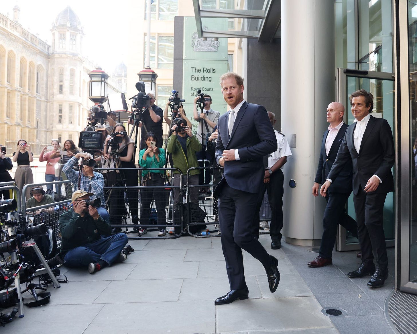 Prince Harry  closely followed by David Sherborne  leaving the Mirror Group phone hacking trial in June 2023