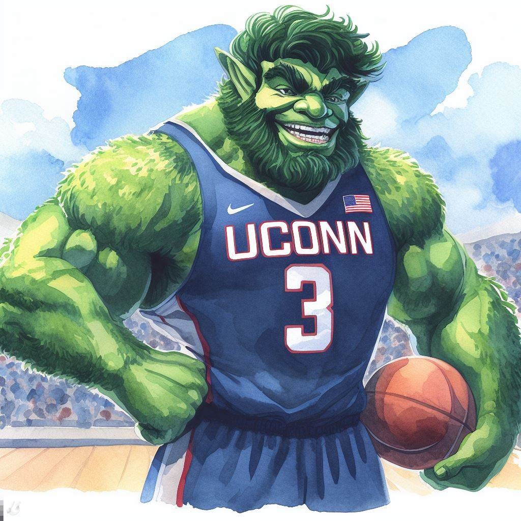 The Jolly Green Giant dressed in a UConn men's basketball uniform, watercolor