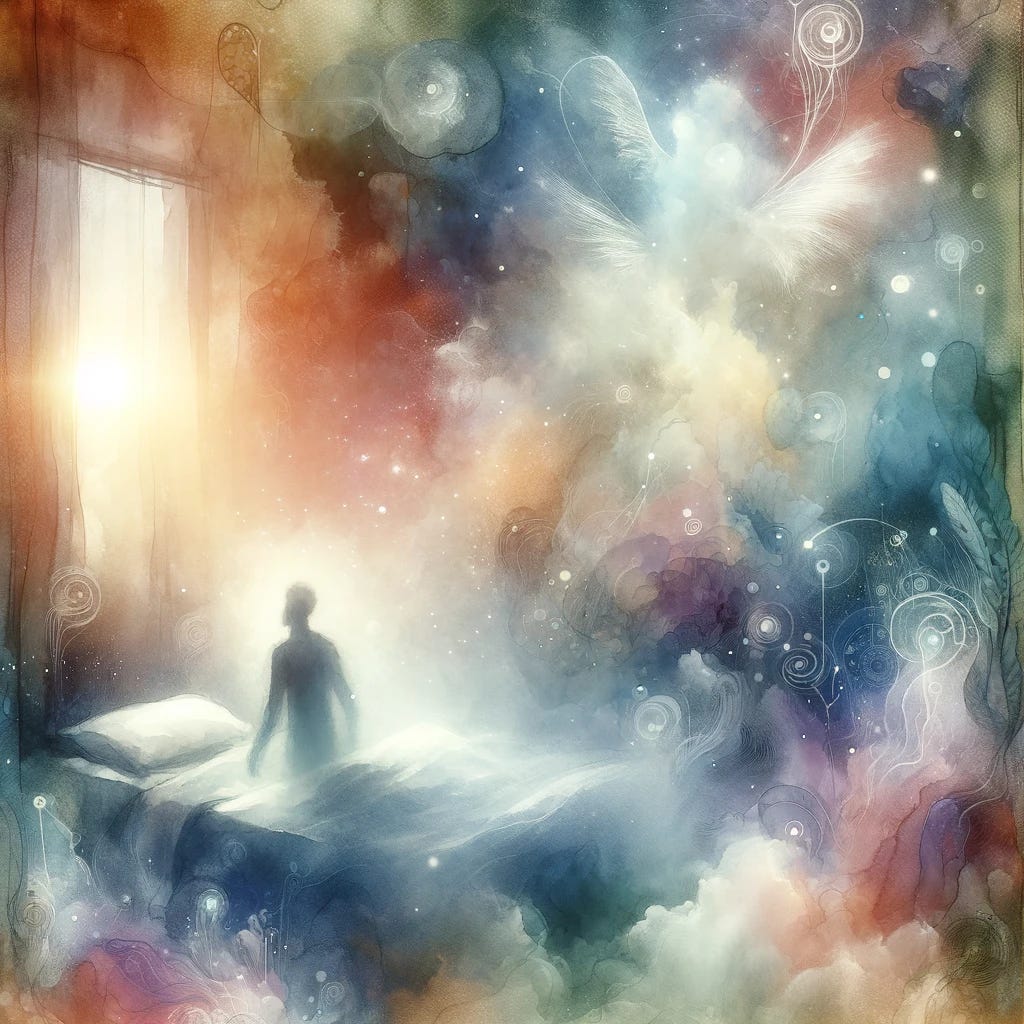 A poetic and mystical watercolor painting of a person waking up from a dream. The scene is rendered in soft, dream-like watercolors, showing a figure gently rising from an ethereal bed surrounded by a haze of delicate colors. The atmosphere is surreal, with abstract elements like floating symbols or blurred visions that suggest remnants of a dream. Light filters through a barely visible window, casting a magical glow over the figure, enhancing the mystical feeling. The overall tone is tranquil and otherworldly, evoking a sense of wonder and the intangible nature of dreams.