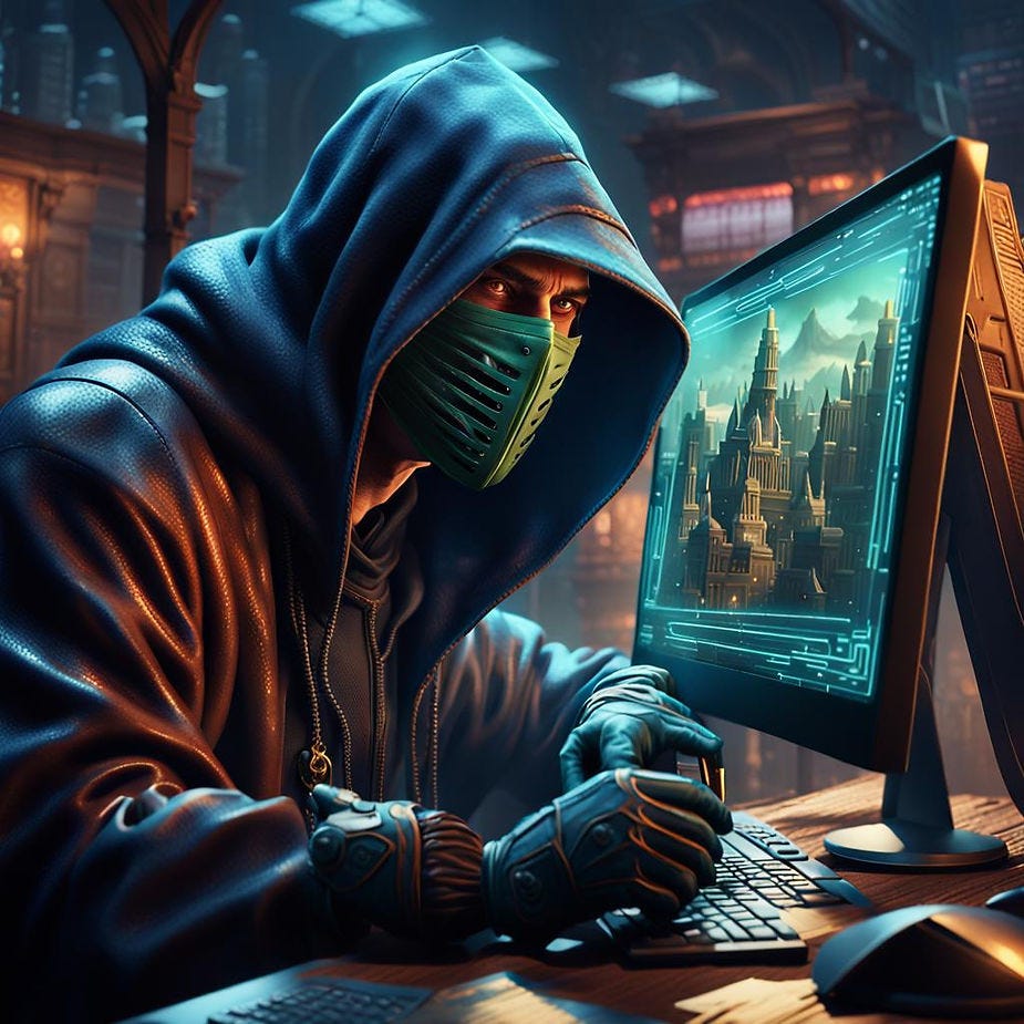 A scammer with a hood and the mask is in front of a computer