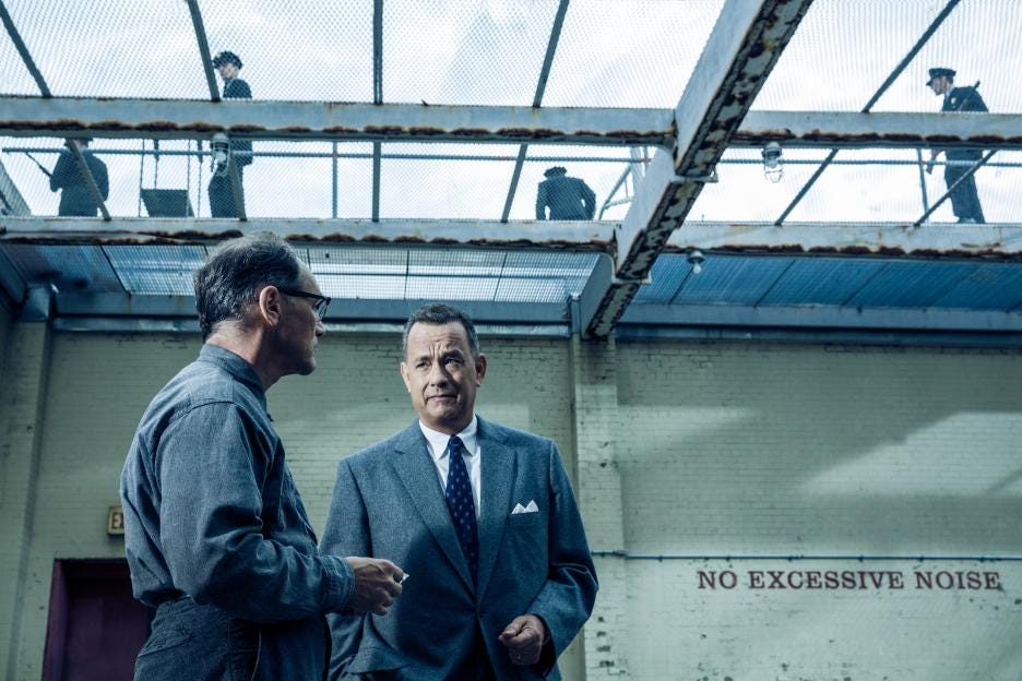 Mark Rylance as Rudolf Abel and Tom Hanks as Jim Donovan. Mark Rylance as Rudolf Abel and Tom Hanks as Jim Donovan.
