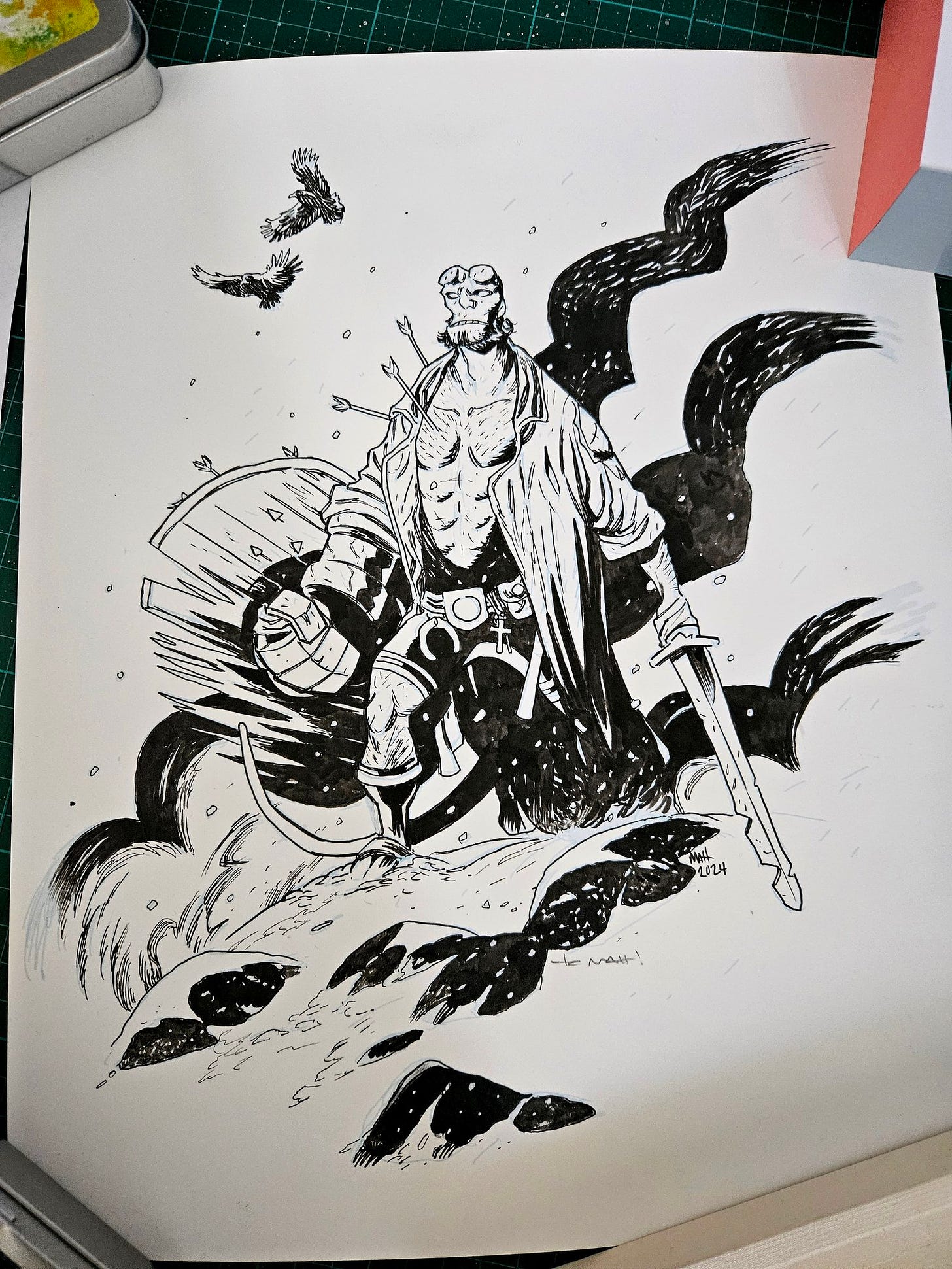 An ink drawing of the comic character Hellboy, holding a busted up shield and sword.