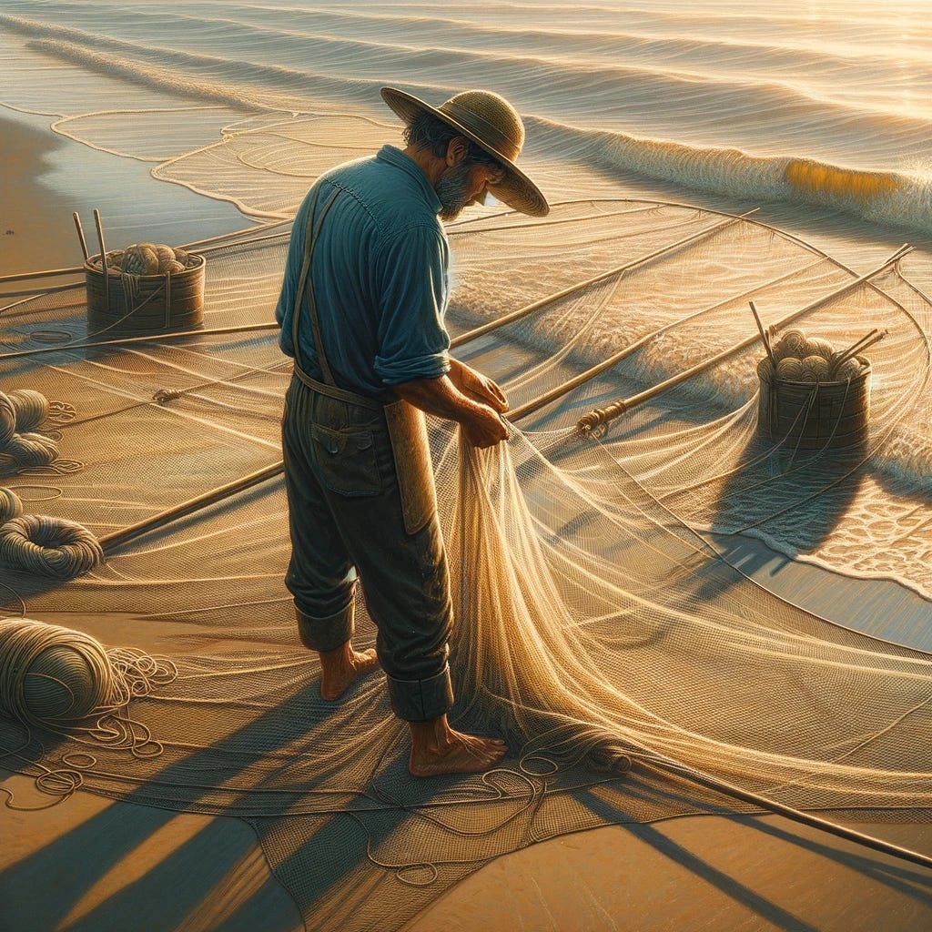A detailed image of a fisherman mending and casting his net by the shore. The fisherman is wearing a weathered hat and a blue shirt, with rolled-up sleeves. He stands on a sandy beach with waves gently lapping at the shore. The net is spread out on the ground as he repairs it, with a few small holes visible. The early morning sun casts long shadows and gives a golden hue to the scene, emphasizing the tranquility and diligence of the fisherman's task.