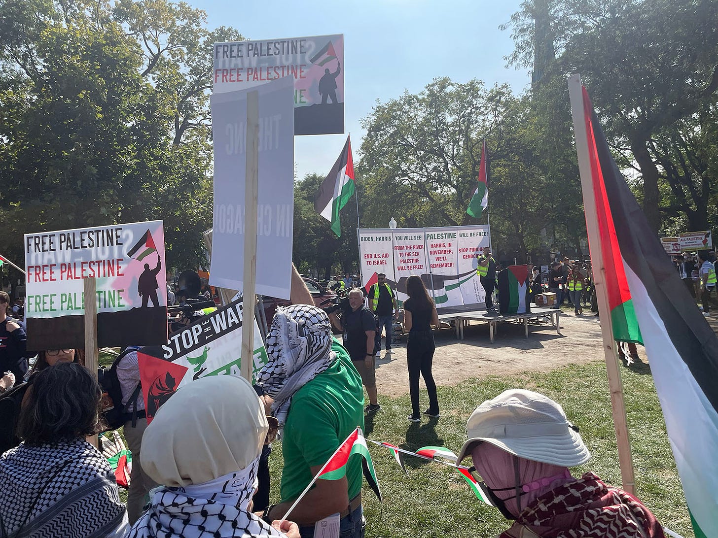 Protesters rally at a pro-Palestinian demonstration in Union Park during the Democratic National Convention, Wednesday, Aug. 21, 2024, in Chicago. (RNS photo/Reina Coulibaly)