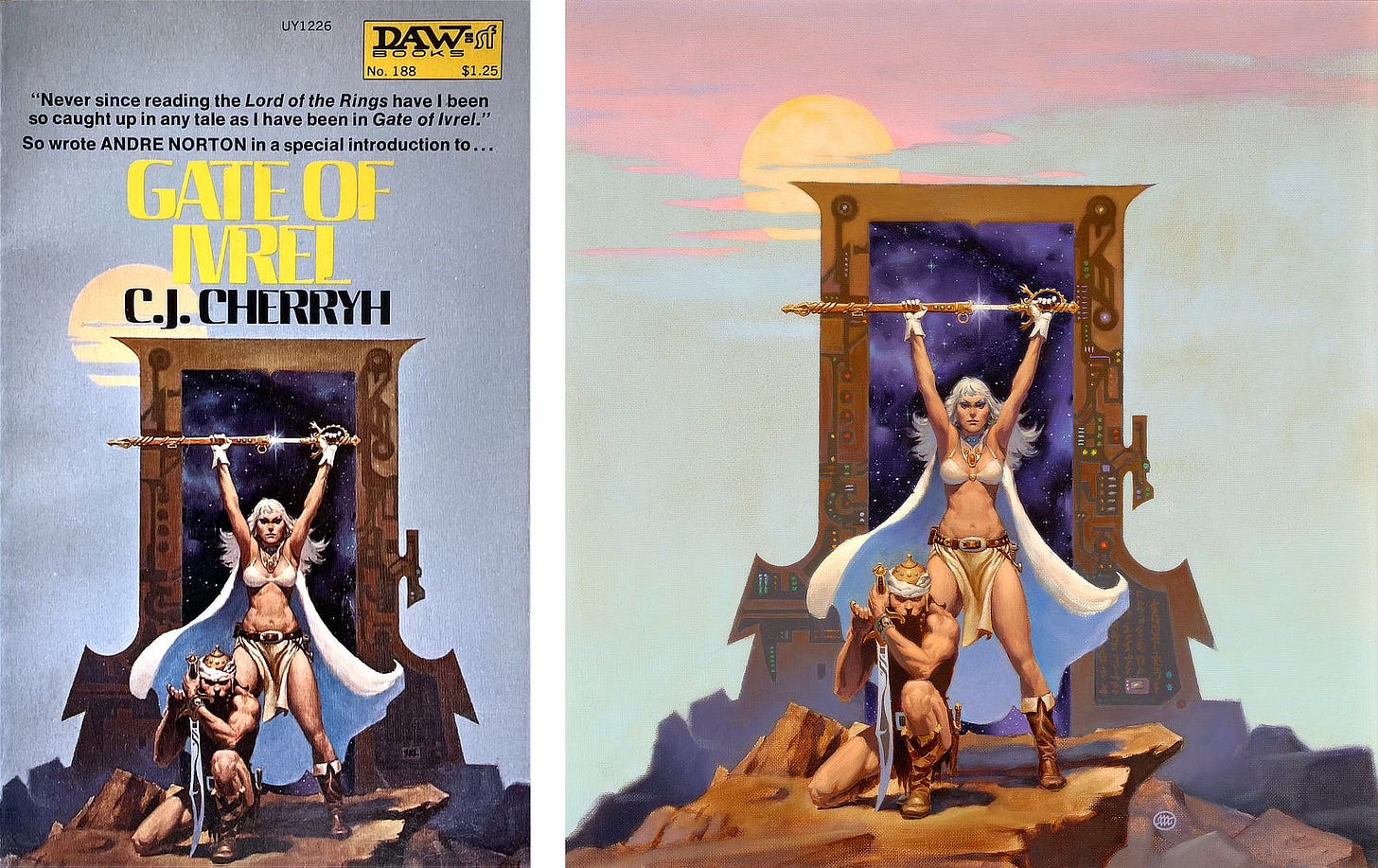 Book cover and illustration for GATE OF IVREL by C.J. Cherryh (DAW). Morgaine stands triumphantly with arms stretched overhead as she draws a gleaming sword from sheath. A gate frame her from behind. The central portal is filled with a field of stars and the outer edge of the gate is patterned with futuristic circuitry. On one knee before Morgaine, a warrior grips the handle and crossguard of a curved sword with the tip of the blade planted in the ground.