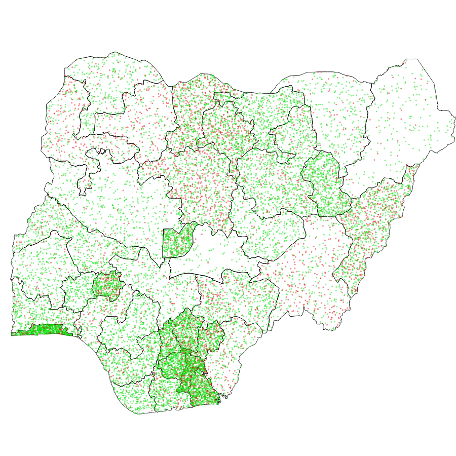 The density map shows that most people in the survey had access to phones. There appears to be slightly less phone access towards the Northern region of the country